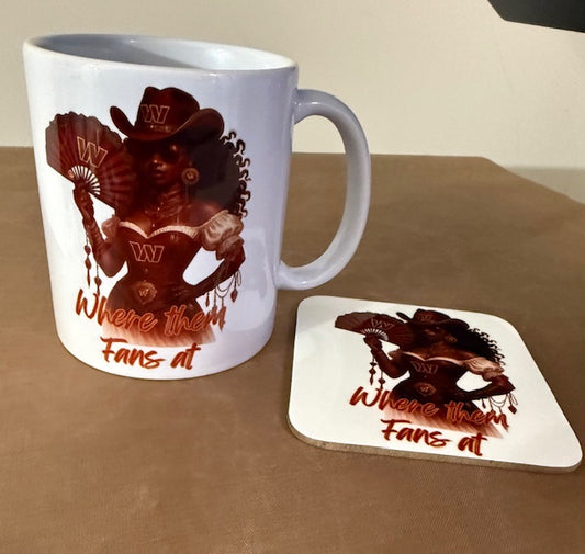 Washington Commanders "Where Them Fans At?" Western Mug & Coaster Set – 11 oz Ceramic Fan Gift
